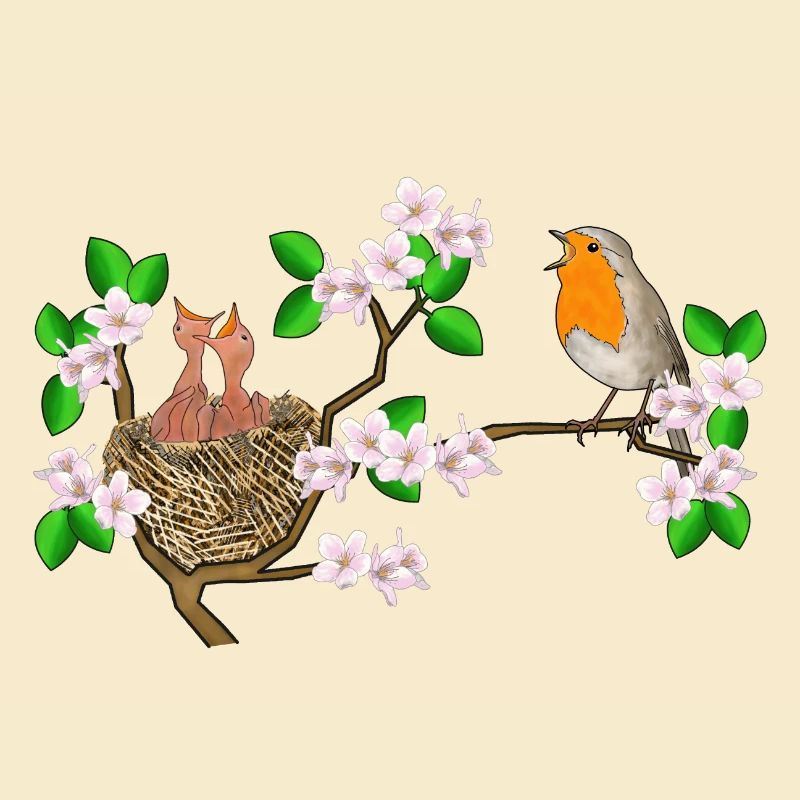 Rotkehlchen, Nest, Kirschblüten