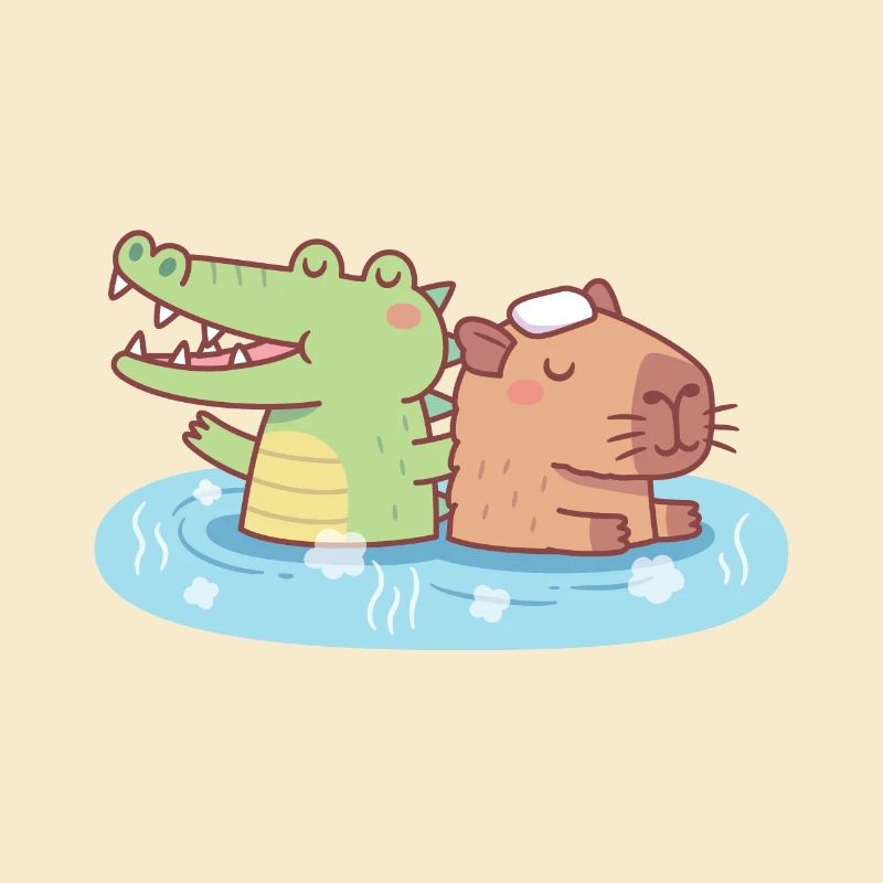 Cute Capybara And Crocodile Chilling In Hot Spring