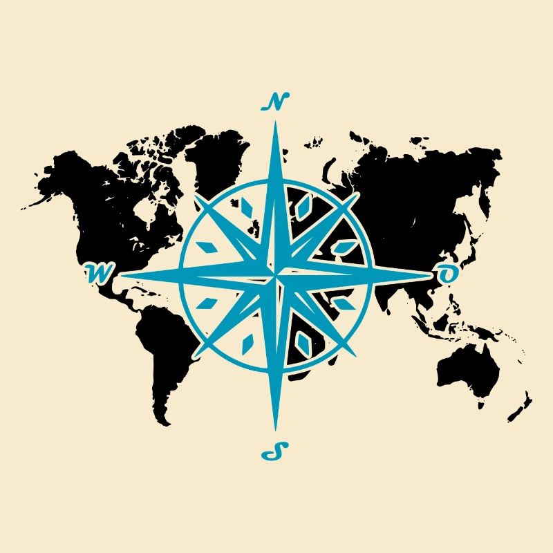 Windrose oder Kompassrose mit schwarzer Weltkarte