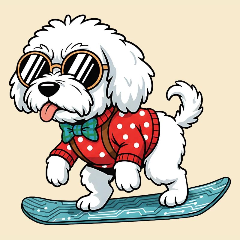 Snowboard Weißer Hund Sonnenbrille Pullover