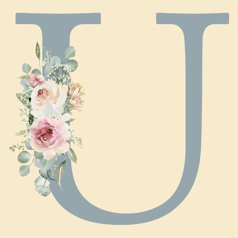 U| Monogramm | Eukalyptus-Pastell-Blumen-Blau