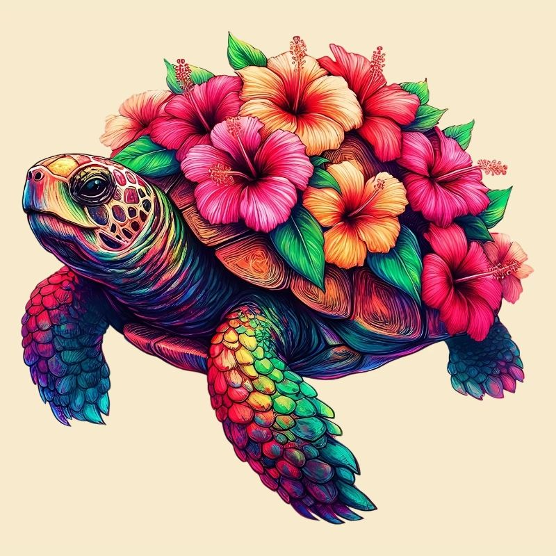 Turtle with Hibiscus Flowers