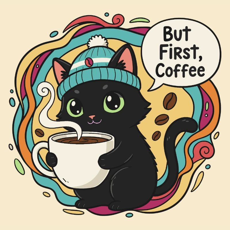 Kaffeezeit Katze mit Mütze