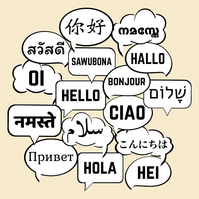 Speech bubbles with "hello" in different languages