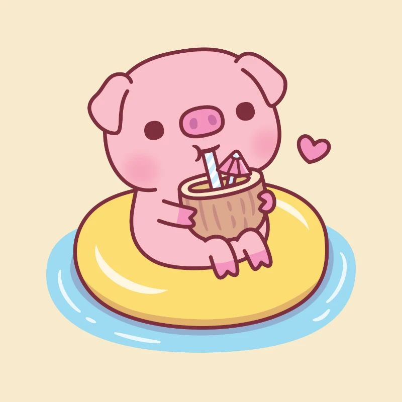 Cute Piggy In Pool Float Drinking Coconut Water