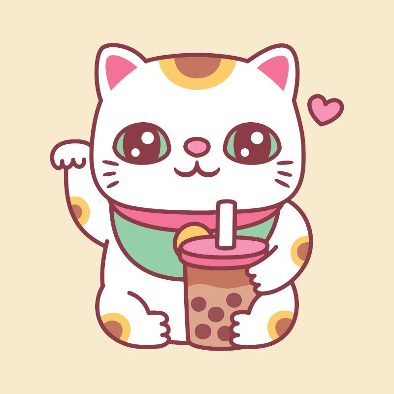 Cute Maneki Neko Cat With Bubble Tea