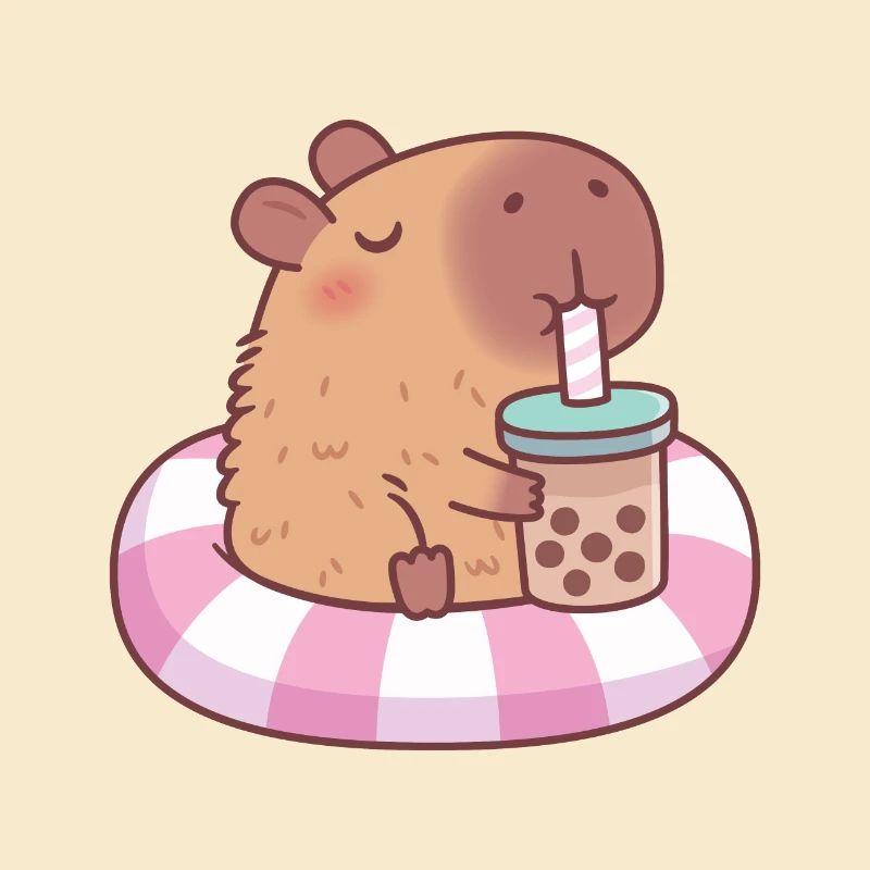 Cute Capybara On Pool Float Drinking Bubble Tea