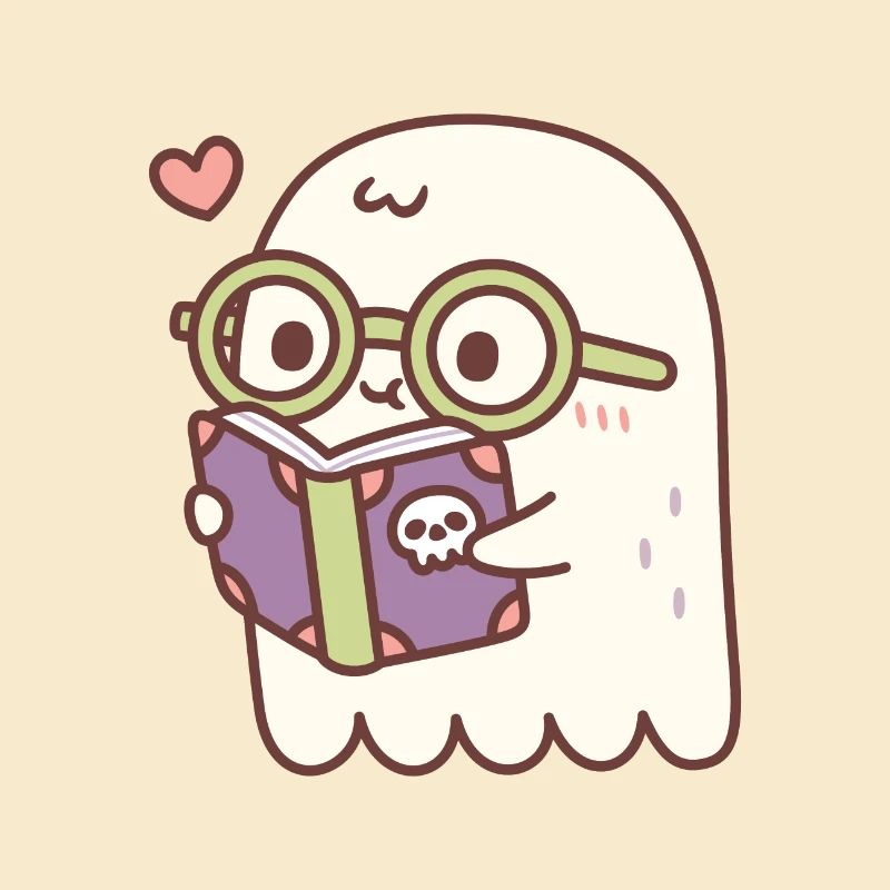 Cute Ghost Reading A Book With A Skull