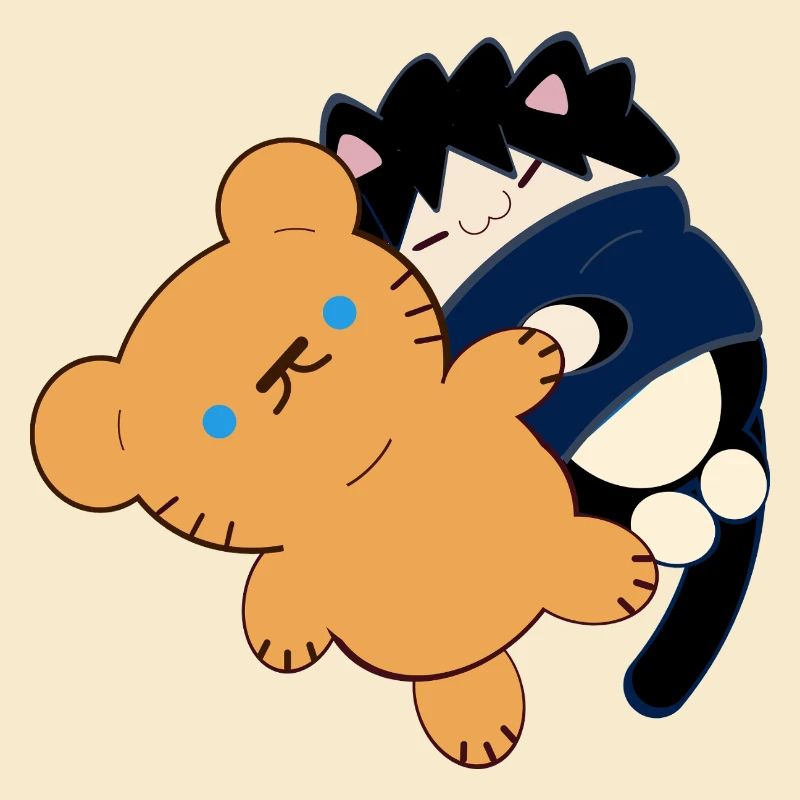 Anime Design Cute Black Cat with Teddy Bear