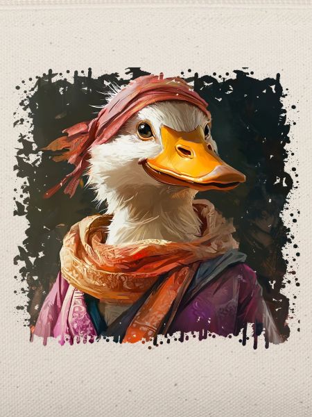 Anthropomorphe Ente mit buntem Schal