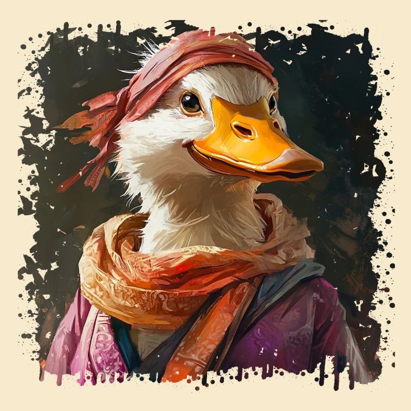 Anthropomorphe Ente mit buntem Schal