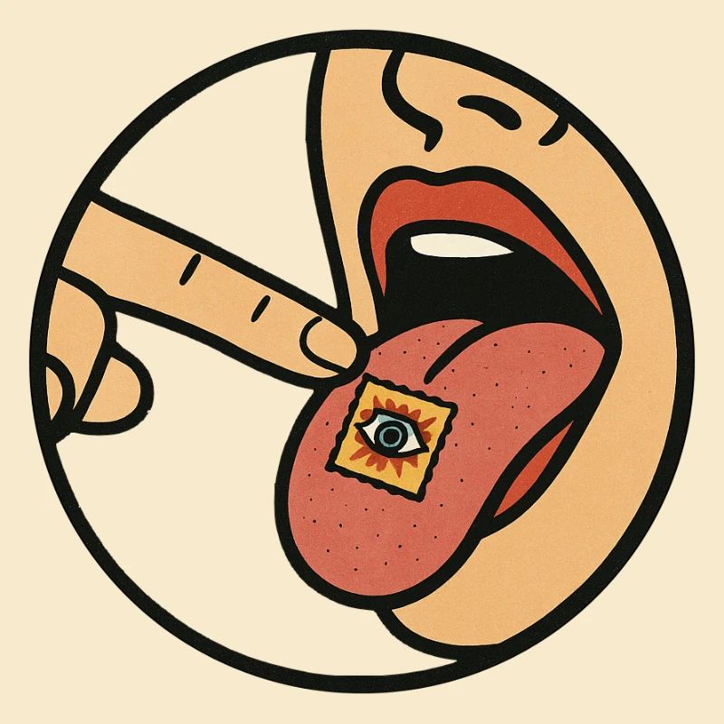 LSD Blotter auf Zunge
