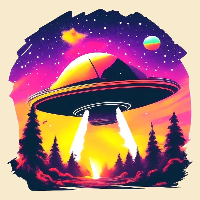 Neon UFO over neon forest