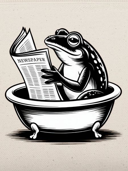 Frosch im Bad liest Zeitung