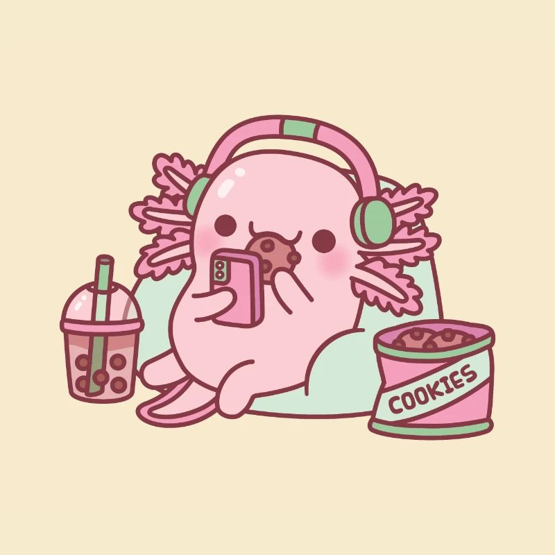 Cute Axolotl Chilling With Cookies And Bubble Tea