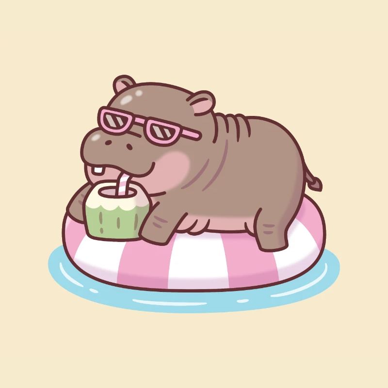 Cute Hippo Chilling On Pool Float Drinking Coconut