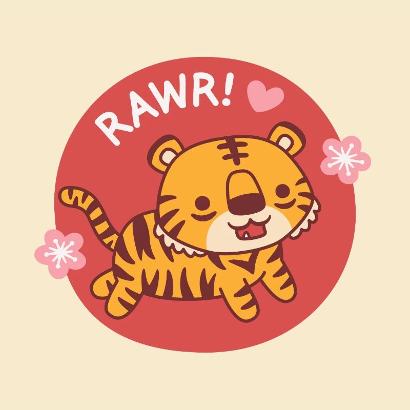 Süßer kleiner Tiger wird roher mit Sakura-Blumen