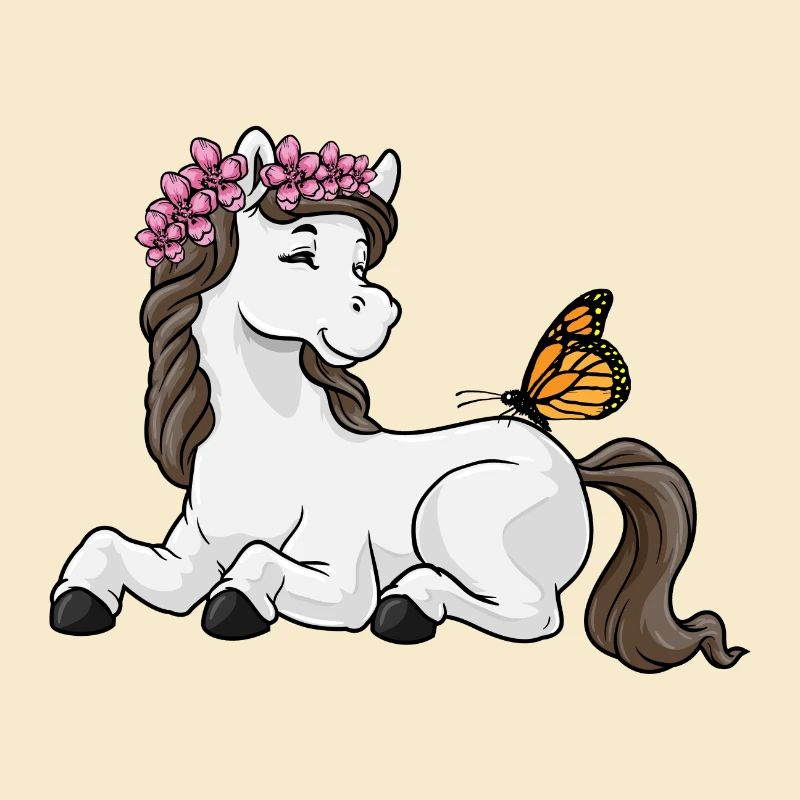 Cheval avec des fleurs et papillon