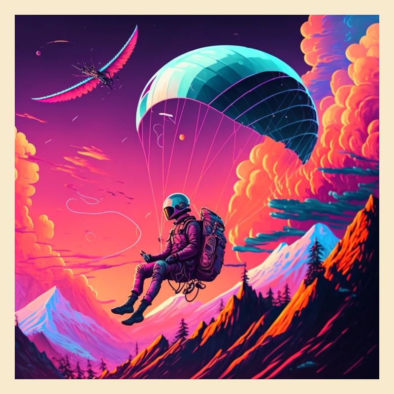 Paragliders in synthwave style
