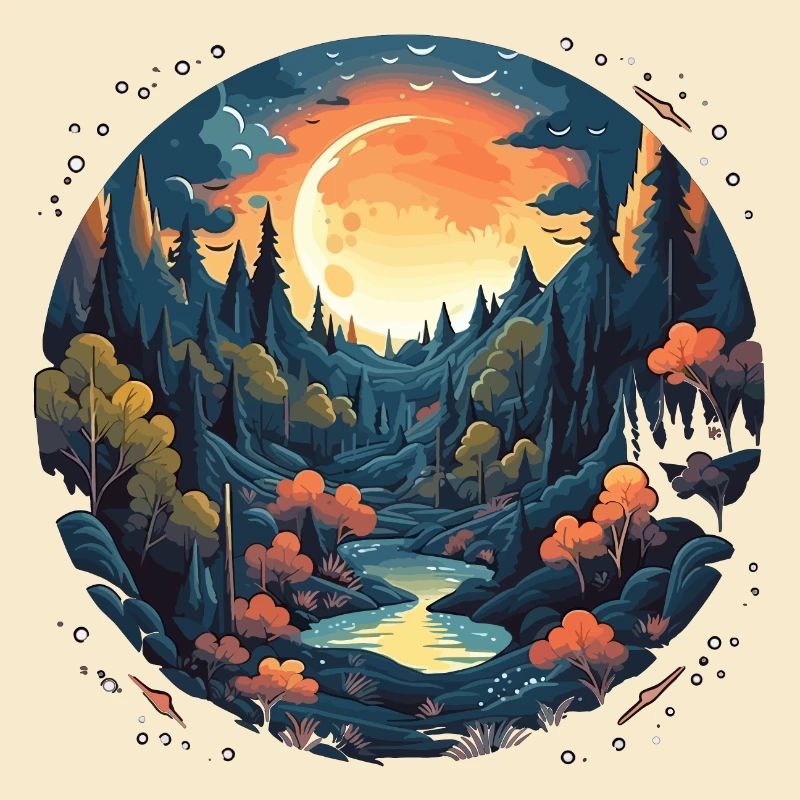 Surreal forest scenery at night