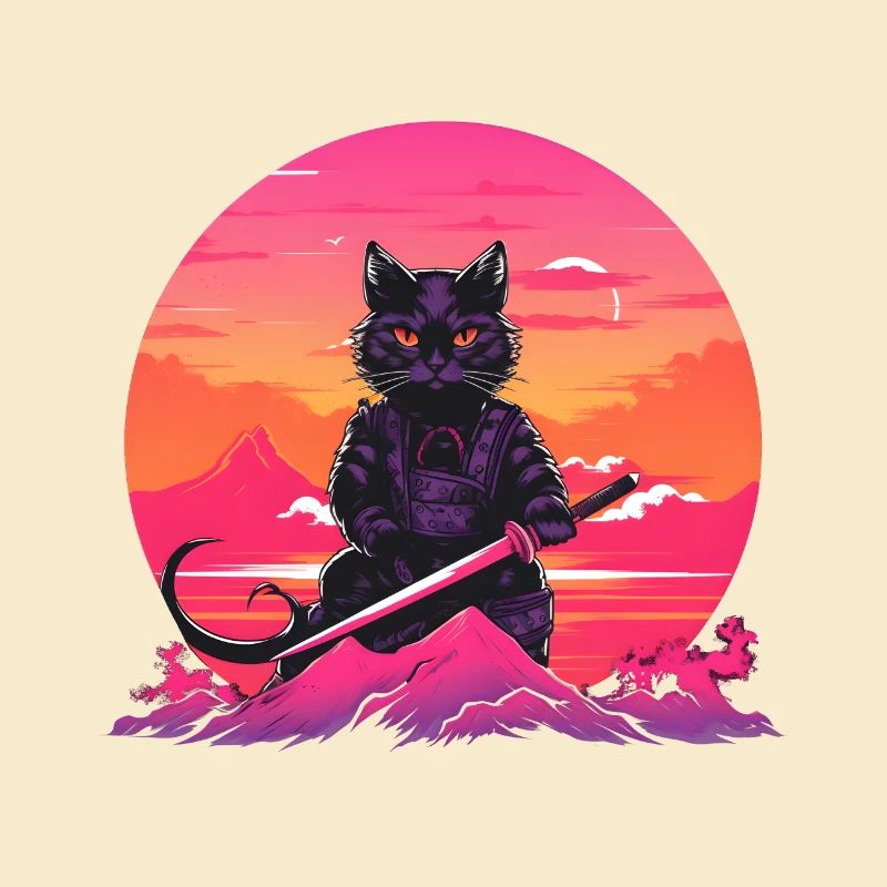 Synthwave samurai Cat with katana