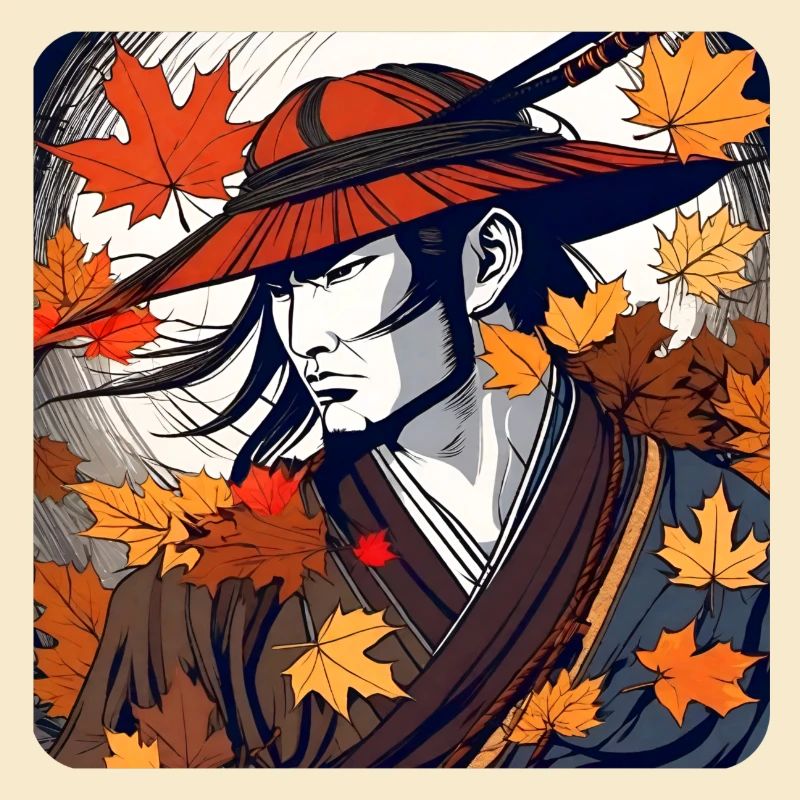 Stolzer Samurai Krieger im Herbst
