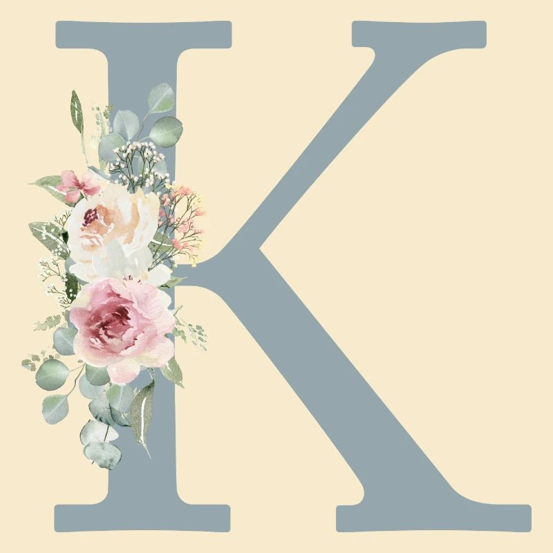K| Monogramm | Eukalyptus-Pastell-Blumen-Blau