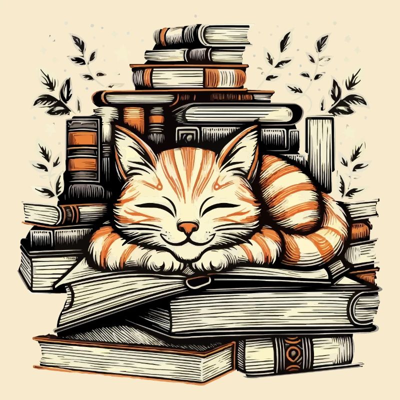 GEMÜTLICHE KATZE, DIE EIN NICKERCHEN AUF BÜCHERN MACHT