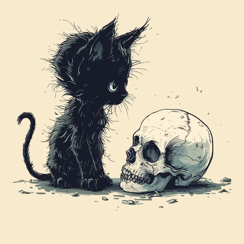 Cute Emo Gothic Kitten and Skull