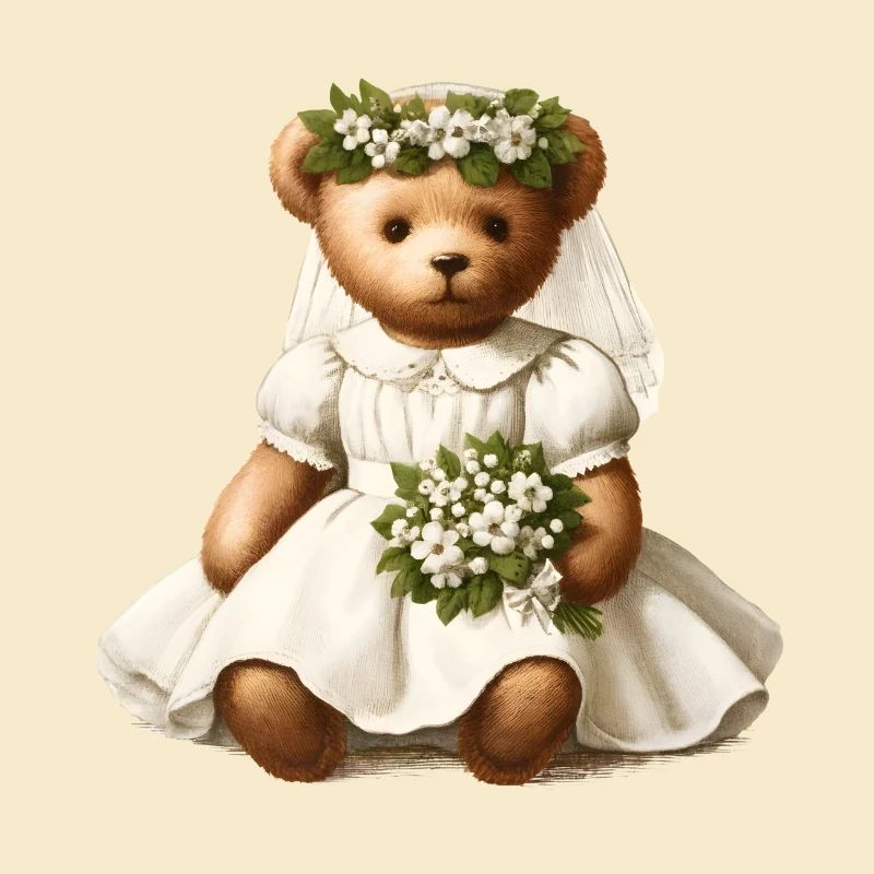nostalgic vintage teddy bear as a bride with flowers