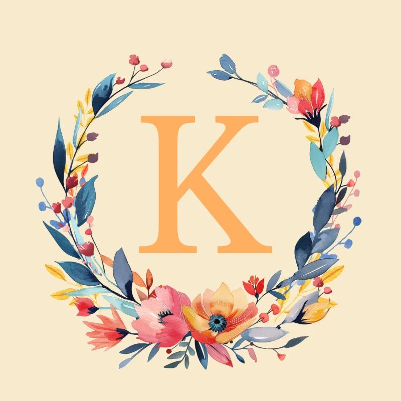 K Monogramm, Blumen-Kranz, personalisierbar