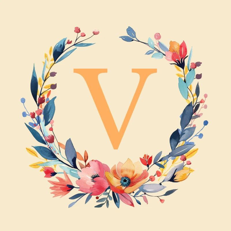 V Monogram, Flower Wreath, Personalizable