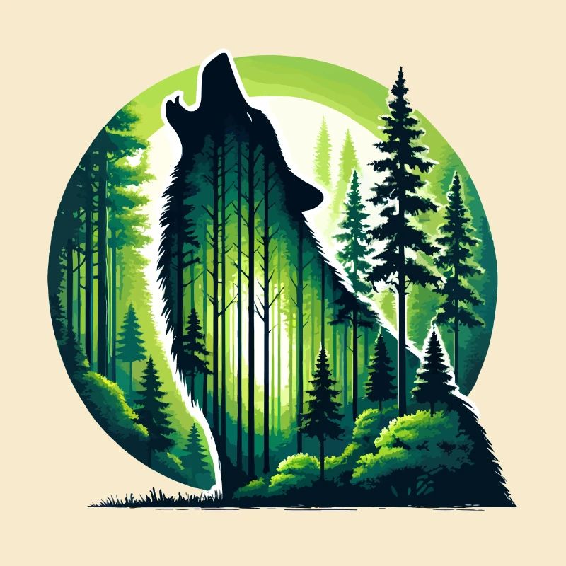 Silhouette heulender Wolf mit grünem Wald