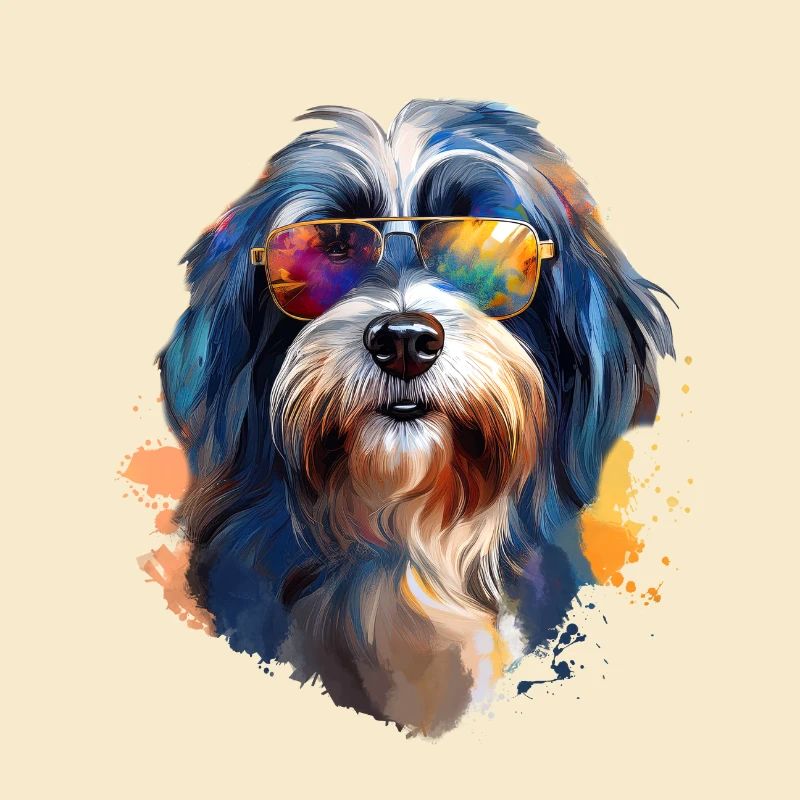 Terrier tibétain avec lunettes de soleil