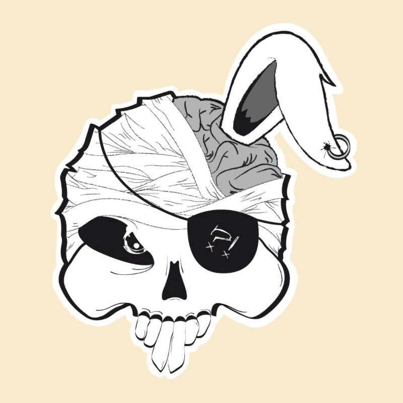 Pirate bunny skull with brain and rabbit ear