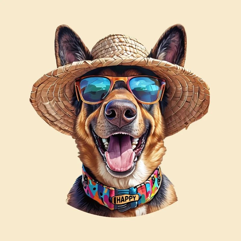 German Shepherd with Straw Hat & Sunglasses