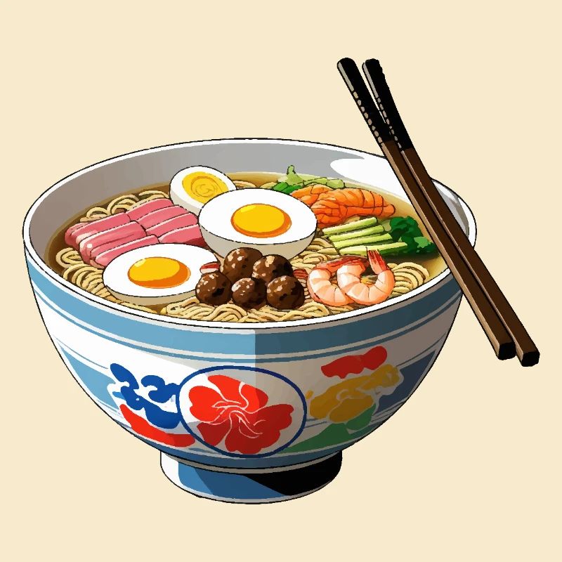 Ramen Bowl Illustration with Egg Shrimp