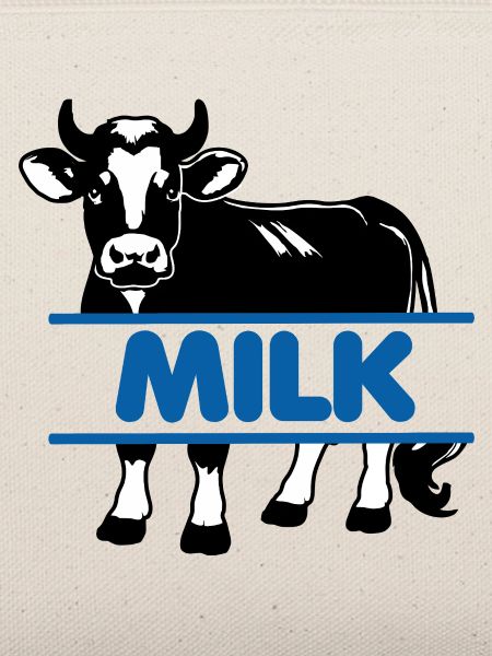 Milchkuh mit blauem Text "MILK"
