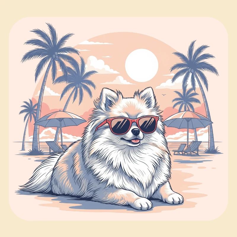Zwergspitzer Hund mit Brille am Strand