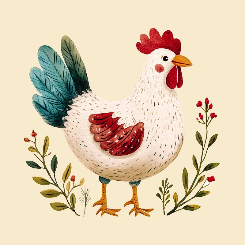 Rustikales Huhn Illustriert Blumen