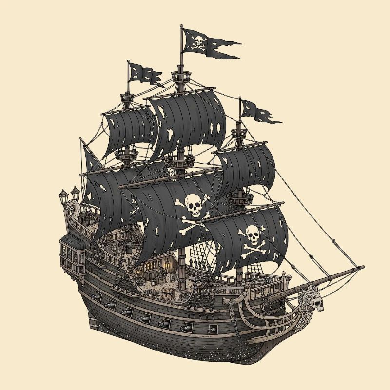 Abandoned pirate ship with skull logo