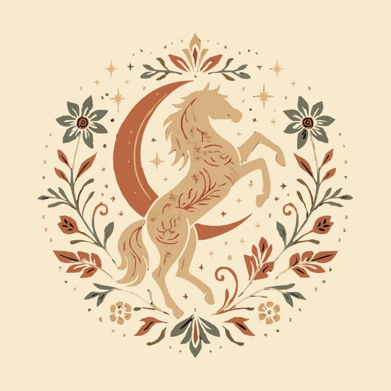 Elegantes Pferd mit Mond und Blättern