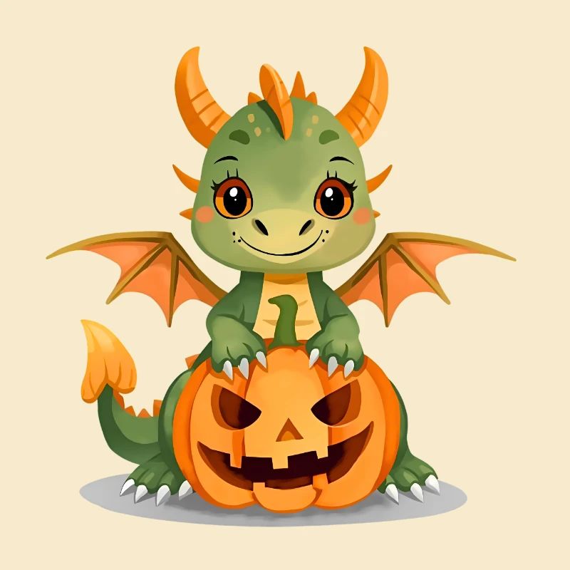 Mignon dragon vert avec citrouille d’Halloween