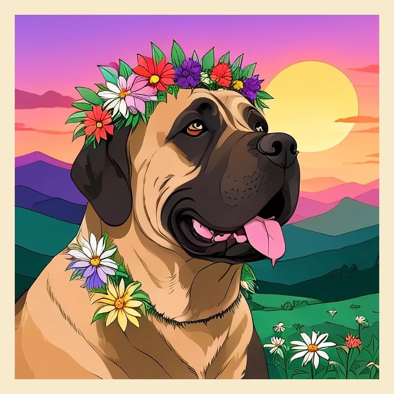 Mastiff mit Blumenkranz