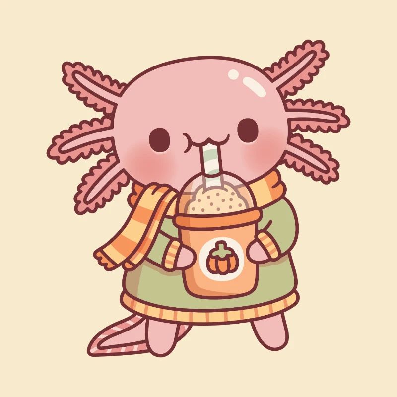 Cute Axolotl Drinking Pumpkin Spice Latte Autumn