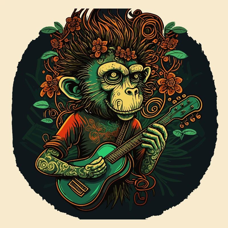 Affe mit Gitarre im Dschungel
