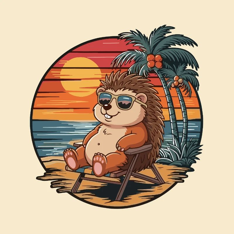 Funny Hedgehog on Beach Summer Vacation Sunset