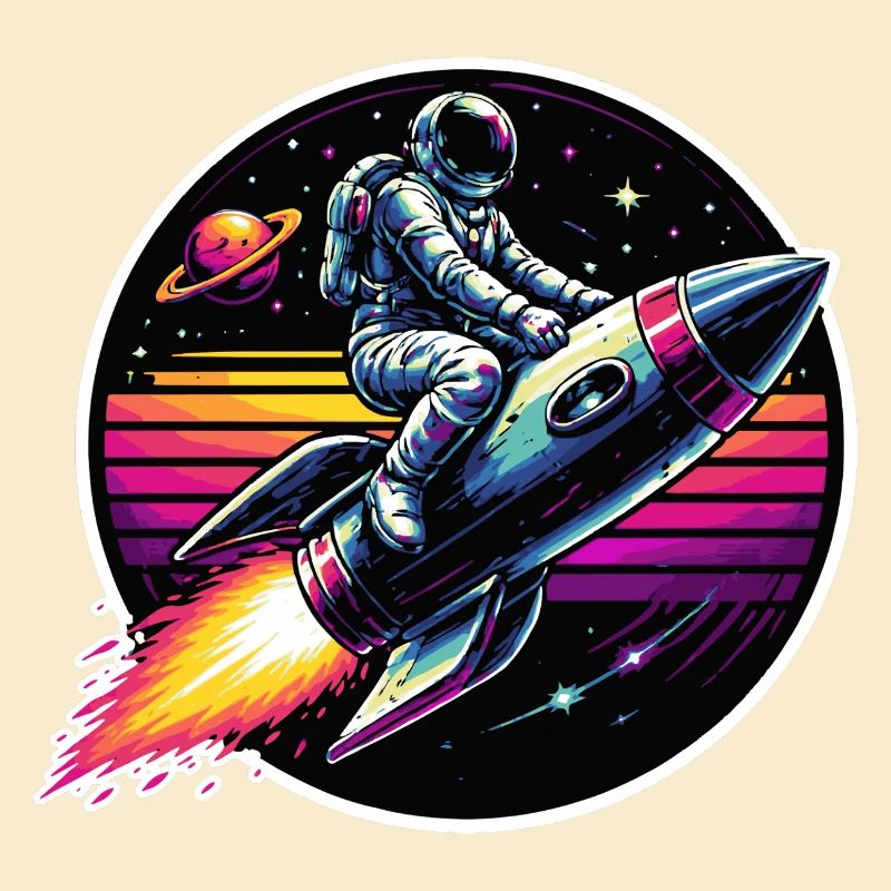 Astronaute sur fusée dans un coucher de soleil rétro