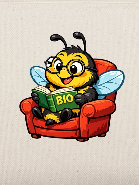 Biene liest ein Buch über Bio