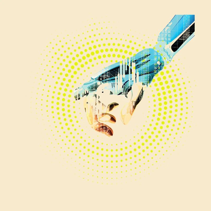 ordinateur main robot IA code cyborg numérique pc